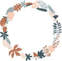 秋の植物ベクターイラスト。秋の紅葉と木の実のリース背景セット。可愛い落ち葉のベクターイラスト。Autumn plants vector illustration. Autumn leaves and nuts wreath background set. Cute falling leaves vector illustration.