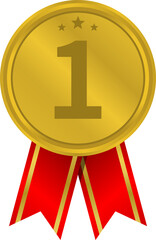 Gold medal with red ribbon for first place