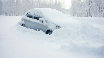 car covered with heavy fresh snow after storm or blizzard in winter. car trapped in snow.  generative AI