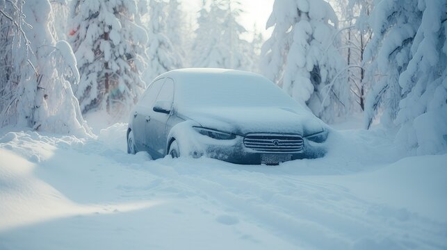 car covered with heavy fresh snow after storm or blizzard in winter. car trapped in snow.  generative AI