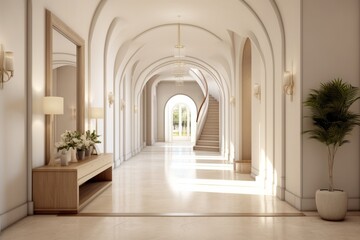 Fototapeta na wymiar Modern Hallway Design for Luxury Homes with Elegant Lighting, Marble Floors, and Artistic Wall Decor