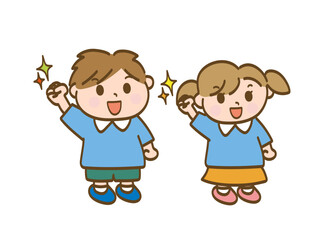 頑張るぞ！とガッツポーズをする男の子と女の子_保育園児の兄弟姉妹