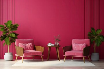 Viva magenta wall background mockup with two armchair furniture and decor accessories, Generative AI 