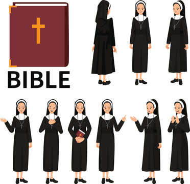 Catholic nun character set, smiling and speaking. Isolated vector illustration of religious professions.