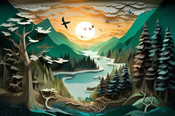Obraz na płótnie Canvas Paper Art Landscape with Trees, Birds, Sun, and Village