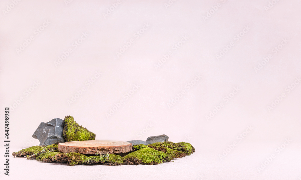 Aufkleber wood log product display with green moss on a pastel background for organic products and cosmetics w