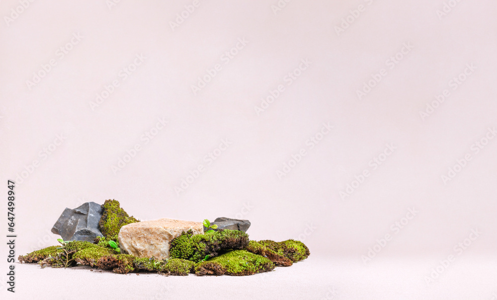 Aufkleber rock product display with green moss on a pastel background for organic products and cosmetics with 