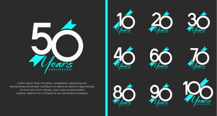 set of anniversary logo white color number and blue ribbon on black background for celebration