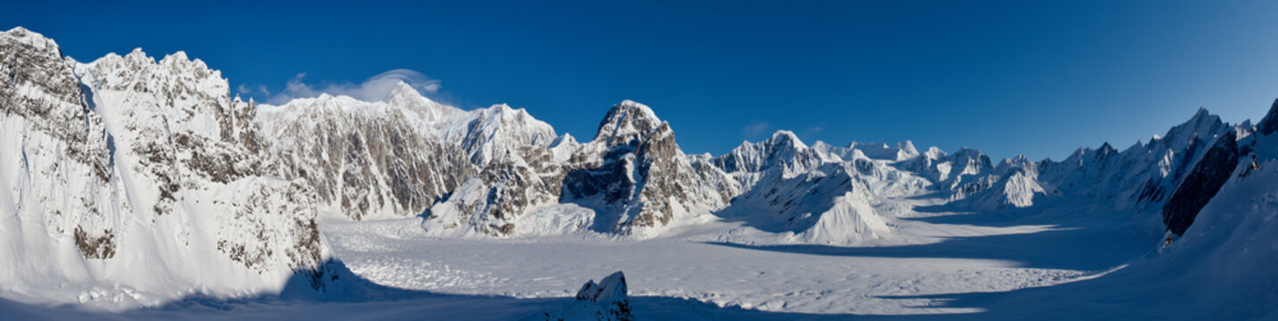 Panorama Of Ruth Glacier And Ruth Amphitheater, With Lenticular Cloud Over The Summit Of Mt. Mckinley, Denali National Park And Preserve; Alaska, United States Of America