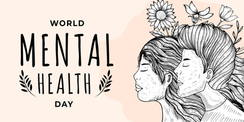 world mental health day horizontal banner in hand drawn - obrazy, fototapety, plakaty