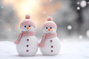 Two snowmen with hats and scarfs