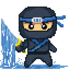 8 bit pixel Japanese Blue Ninja Katana Water Elements Character Vector Illustration