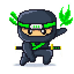 8 bit Pixel Japanese Green Ninja Leaf Elements Character Vector Illustration
