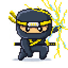 8 bit Pixel Japanese Yellow Ninja Lightning Elements Character Vector Illustration