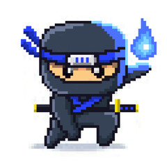 8 bit Pixel Japanese Blue Ninja Water Elements Character Vector Illustration