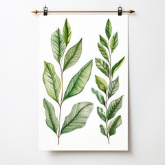 A vibrant green leaf print hanging on a wall