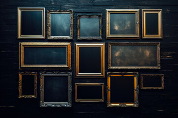 Many empty gold picture frames in different sizes hanging on a vintage wall, blank frame background - obrazy, fototapety, plakaty