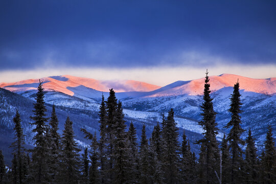 Sunset Grows On The Mountains In Winter, Chena River State Recreation Area, Fairbanks, Alaska, United States Of America