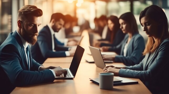 Group Of Business People Sitting Behind A Desk Working With Laptops In Modern Office.