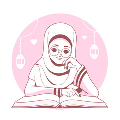 muslim girl reading quran illustration