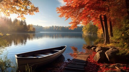 Golden Afternoons, Serenity by the Autumn Lake, a serene lake bordered by autumnal trees, with a lone boat resting by a wooden dock, evoking a sense of peace and reflection.