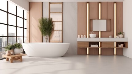 Light bathroom interior with sink and bathtub, decoration on deck and window.