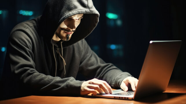 Black hat hacker in hood using tablet to hacking privacy sensitive data, Cyber crime, Cyber security cyber crime concept.