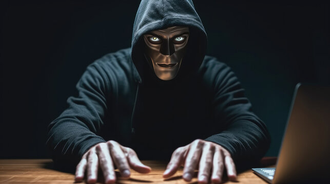 Black hood hacker force demands ransom by holding out his hand on table where sensitive data is hacked, Computer crime, Cyber crime.