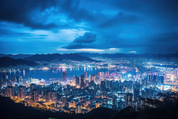 Fototapeta na wymiar A city skyline illuminated at night seen from a hilltop viewpoint