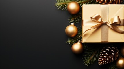 Christmas banner, Gold gift box, Top view.