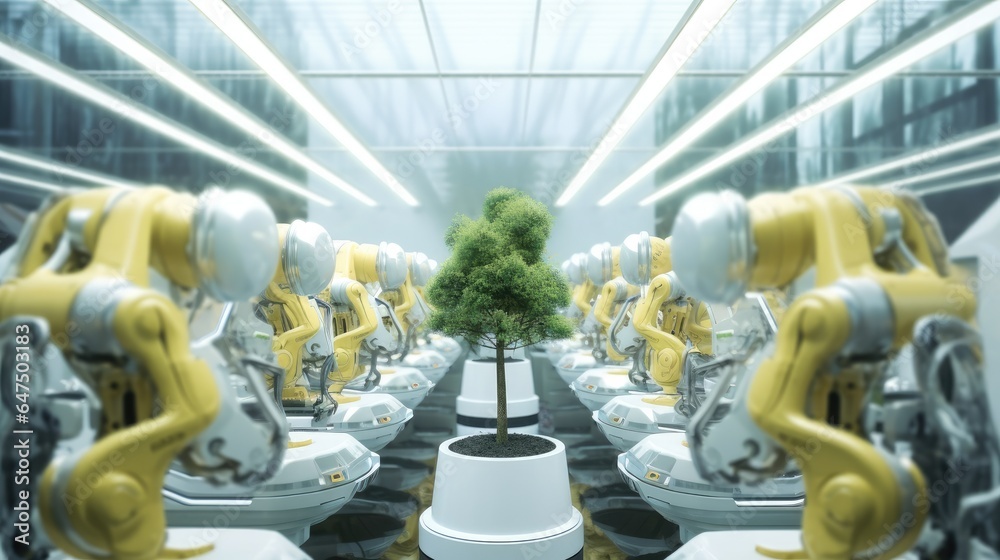 Aufkleber Multiple numbers of robotic arms working together cloning trees at futuristic factory.