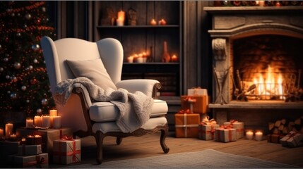 Fototapeta na wymiar Christmas Home Decor, Cozy chair by a warm fireplace, Christmas holidays.