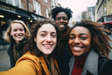 Group of Multi-ethnics college students friends at the downtown street. Photography of friendship in urban street in town background.