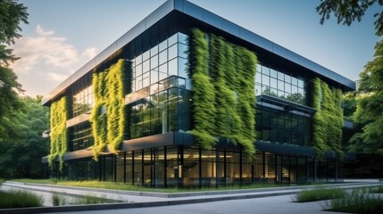 Fototapeta na wymiar Sustainable glass office building with tree for reducing carbon dioxide, Office building with green environment.