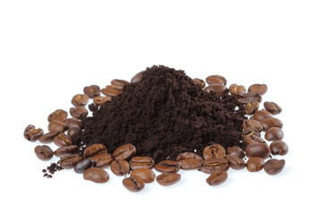 Coffee beans and ground coffee isolate on white