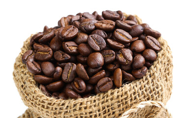 Coffee beans in canvas sack isolated on white background