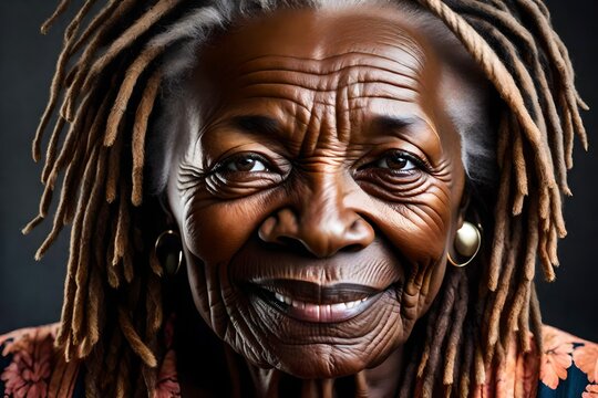 A beautiful eighty-year-old black woman with dreadlocks. 