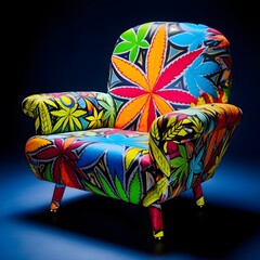 A classic armchair, elegantly upholstered with marijuana print fabric, creating a stylish and unique piece of furniture that's sure to spark conversations.