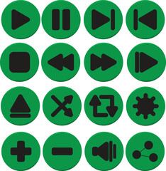 Fototapeta premium media music or video player icon set with a simple 3d green and black circle theme