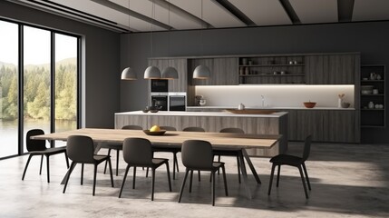 Modern kitchen corner with island and dining table.