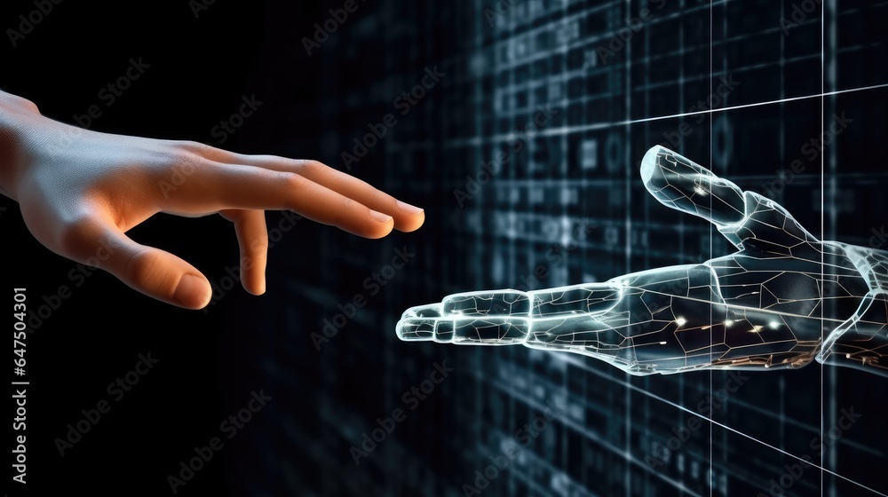 Poster Artificial Intelligence technology digital twin driven smart concept, Hands of Robot and Human Touching together through computer monitor screen in dark background.