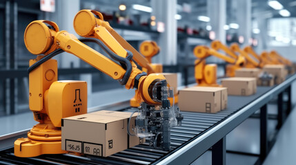 Fototapeta premium Smart Warehouse With Robot Arm Putting Cardboard Boxes.