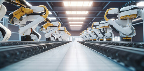 Obraz premium Interior of a modern automated factory with robotic arms and conveyor belt, Production line with robotic arms.