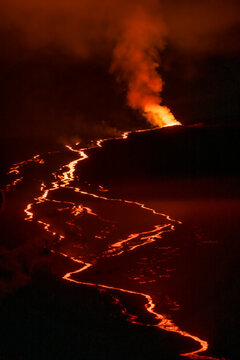 Firey Lava flow of the 2022 eruption of Mauna Loa Volcano (Moku&lsquo;āweoweo, the world's largest active volcano) on the Big Island of Hawaii; Island of Hawaii, Hawaii, United States of America
