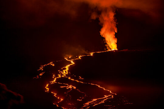 Firey Lava flow of the 2022 eruption of Mauna Loa Volcano (Moku&lsquo;āweoweo, the world's largest active volcano) on the Big Island of Hawaii; Island of Hawaii, Hawaii, United States of America