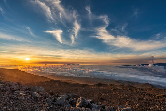 Spectacular golden twilight and view of 2022 eruption of Mauna Loa Volcano, Big Island, Hawaii, USA