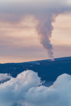 View of the smoky plume from the 2022 eruption of Mauna Loa Volcano, Big Island of Hawaii, USA