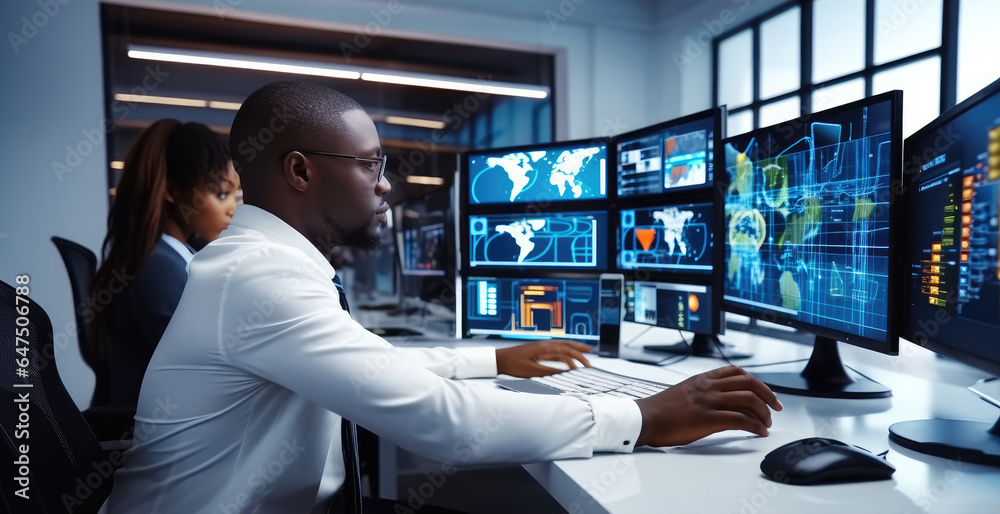 Fototapete african financial data analysts using dashboard on screens with graphs and charts in office.