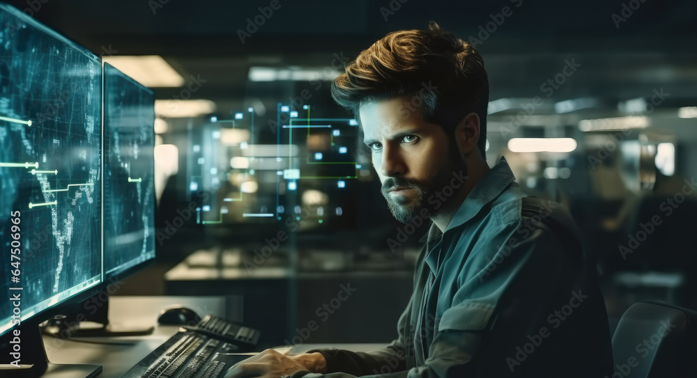 Aufkleber male system security specialist working on computer at system control center.