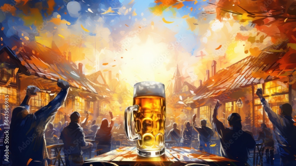 Wall mural Oktoberfest, beer festival. Vector illustration of German holiday. Table, people, and hands holding glasses.